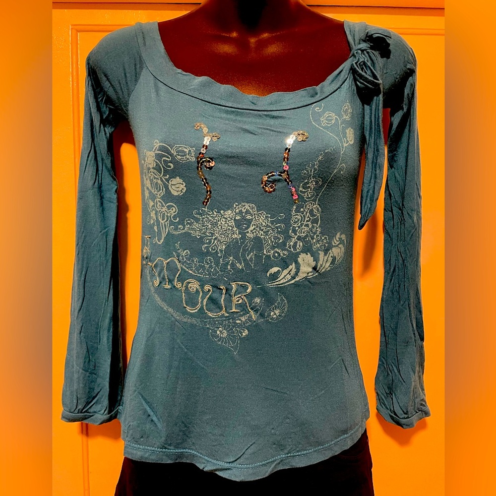 Bershka Turquoise Shirt with Sequins and Bow 🧵
